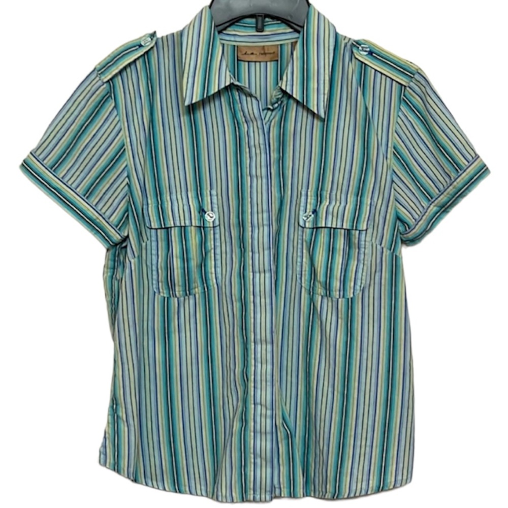 🌞 i. e. Relaxed short sleeve blue green stripes button up shirt pockets M